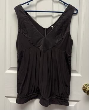 Yaya Aflalo Top Black Silk Tank Zip Blouson V Neck Size M New York Style Boho